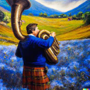 DALLE 2022 12 21 03.04.11 scottish man playing tuba on a meadow with blue flowers oil painting