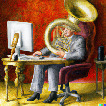 DALLE 2022 12 21 03.50.34 playing tuba in front of a computer oil painting