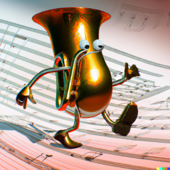 DALLE 2022 12 21 03.22.45 tuba instrument with face and legs walking on sheet music digital art glossy