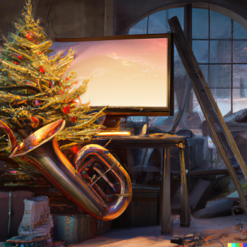 DALLE 2022 12 21 20.42.20 monitor and a tuba in front of a christmas tree digital art